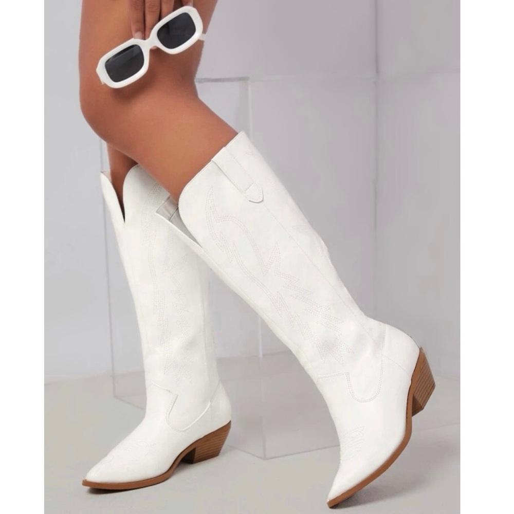 White Knee High Embroidered Cowboy Boots - Picture 3 of 11